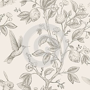 Vector sketch pattern with birds and flowers. Hummingbirds and flowers, retro style, nature backdrop. Vintage monochrome