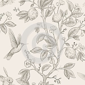 Vector sketch pattern with birds and flowers. Hummingbirds and flowers, retro style, nature backdrop. Vintage monochrome photo