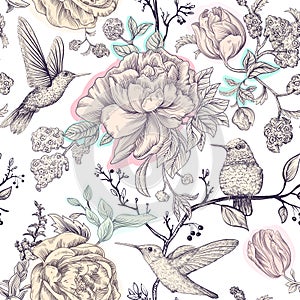 Vector sketch pattern with birds and flowers. Monochrome flower design for web, wrapping paper, phone cover, textile