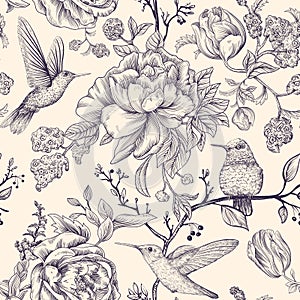 Vector sketch pattern with birds and flowers. Monochrome flower design for web, wrapping paper, phone cover, textile