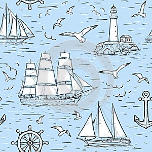 Vector sketch seamless marine pattern with sailing ship, lighthouse, seagulls, anchor. Design on blue background