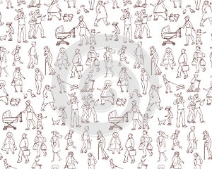 Vector sketch seamless pattern of illustrations walking urban residents. Children and adults on the street in the city