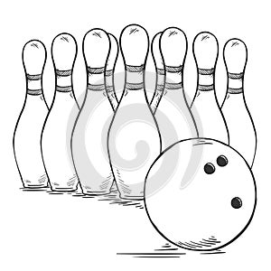 Vector Sketch Set of Bowling Skittles and Ball