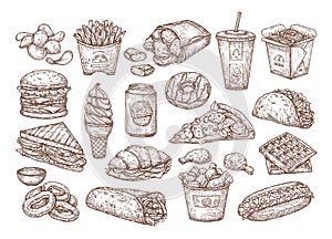 Vector sketch set of fast food. Hand drawing food in vintage style.