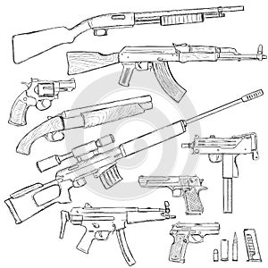 Vector Sketch Set of Firearm Weapons