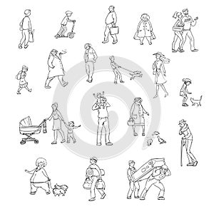 Vector sketch set of illustrations walking urban residents. Children and adults in various situations on the street in