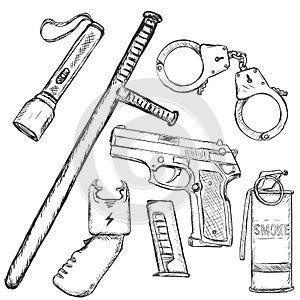 Vector Sketch Set of Police Weapon and Equipment