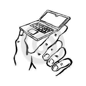 Vector sketch of small laptop in hand. Concept of small computers. Line art style hand drawn illustration on white background