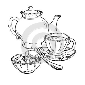Vector sketch of tea set with cup, saucer, teapot and jam