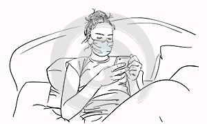 Vector sketch of teenage girl in medical face mask sitting in bed using smartphone