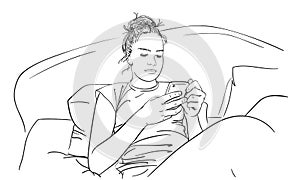 Vector sketch of teenage girl sitting in bed using smartphone, Hand drawn
