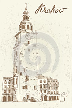 Vector sketch of The  Town Hall Tower in KrakÃ³w, Poland