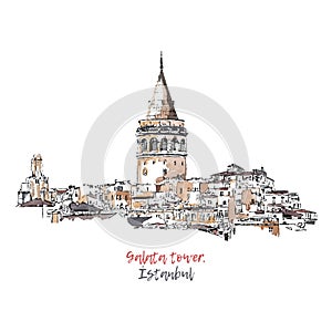 Vector sketch watercolor illustration with the Galata Tower in Istanbul, Turkey. Hand drawn famous turkish landmark