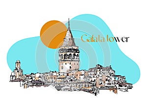 Vector sketch watercolor illustration with the Galata Tower in Istanbul, Turkey. Hand drawn famous turkish landmark