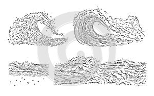 Vector sketch waves sea ocean. Big and small splash with foam and bubbles. Outline isolated set black white illustration.