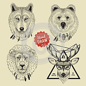 Vector sketch of wild animal heads bear, wolf, lion, deer in hipster style