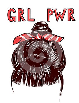 Vector sketch of a woman`s hair bundle with the inscription grl pwr.