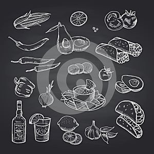 Vector sketched mexican food elements set on black chalkboard