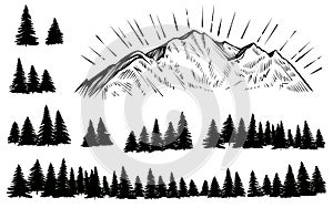 Vector sketched mountain with forest silhouette with sun rays.