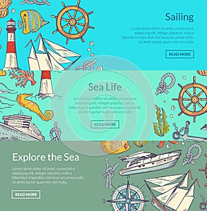 Vector sketched sea horizontal banner templates