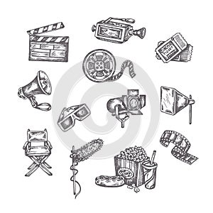 Vector sketches of cinema. Hand drawings on a white background. Entertainment arts handdrawn decorative icons set