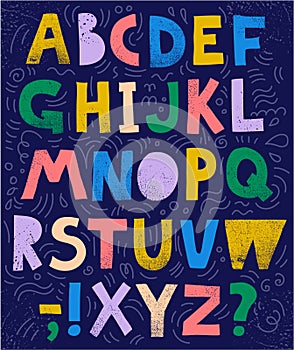 Vector sketchy, collage font, abc. Colorful textured letters and signs