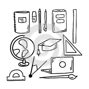 Vector sketchy hand drawn stationary set isolated on white. Doodle office and school things.