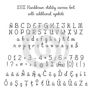 Vector sketchy handdrawn italic cursive font with additional symbols
