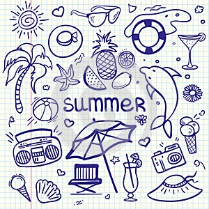 Vector sketchy line art Doodle cartoon set of objects and symbols for summer holidays