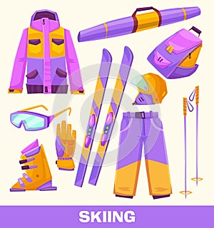 Vector skiing elements, clothes and tools