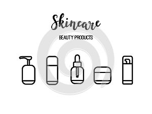 Vector skincare products cosmetics beauty routine line art icons