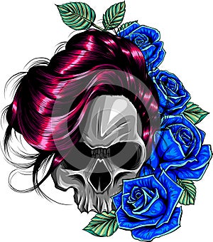 vector Skull with beautiful flower roses in vintage style isolated vector illustration
