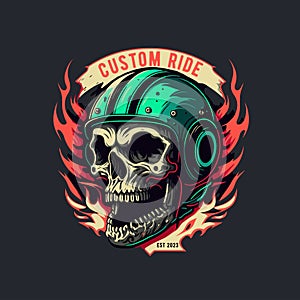 Skull in the retro biker helmet vintage motor custom Motorcycle Rider style