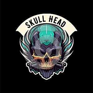 Skull in the retro biker helmet vintage motor custom Motorcycle Rider style