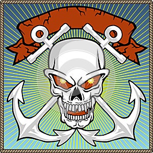 Vector of skull with twin anchor on rope frame