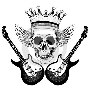 Vector skull with wings in crown with guitars. Logo for shirt, musical poster