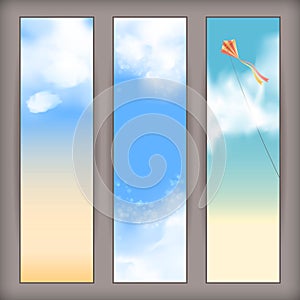 Vector sky banners with white clouds, flying kite