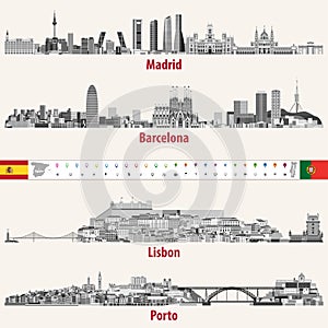 Vector skylines of Madrid, Barcelona, Lisbon and Porto cities in grey scales color palette. Flags and maps of Spain and Portugal.