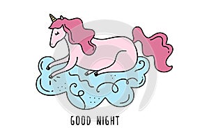 Vector sleeping unicorn on cloud. Poster and banner element, children's book illustration, postcard