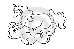 Vector sleeping unicorn on cloud. Poster and banner element, children's coloring book illustration, postcard