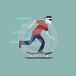 Vector sleketon character with sunglasses and cap riding skateboard.