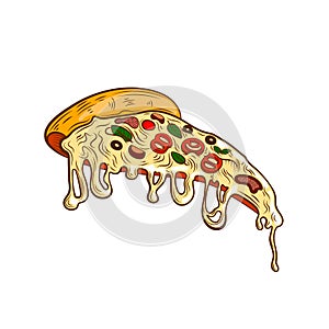 Vector slice of colorful pizza, hand drawn engraving vintage style illustration, pizza isolated.