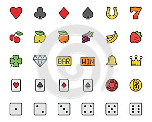 Slot machine symbols and casino colorful icons