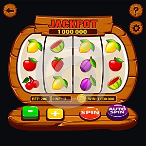 The vector slot machine is wooden with buttons and fruit icons. Casino Fortune, Spin Wheel for Gambling.