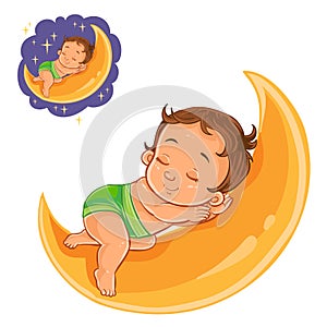 Vector small baby in a diaper asleep using a moon instead of a pillow.