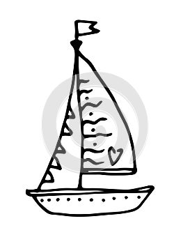 Vector small boat with a sailboat. hand-drawn doodle style sea boat with sail, garland and triangular flags with dot pattern and