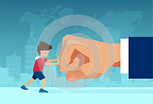 Vector of a small boy fighting back a giant fist, protecting himself from domestic violence