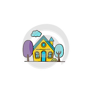 Vector small cartoon house with colorful trees icon. Vector yellow house with blue roof and flue icon