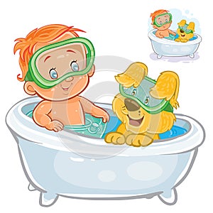 Vector small child in a swimming circle and a diving mask bathes in bathtub with his dog