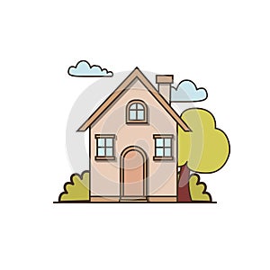 Vector small cozy house with a chimney icon. Vector house with three windows, a tree and clouds icon